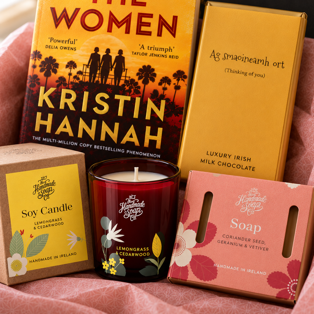 Get Well Soon Hamper – close-up of a book, Irish milk chocolate, a Handmade Soap Company candle and soap