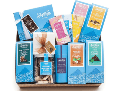 A hamper of various Skelligs Chocolate.