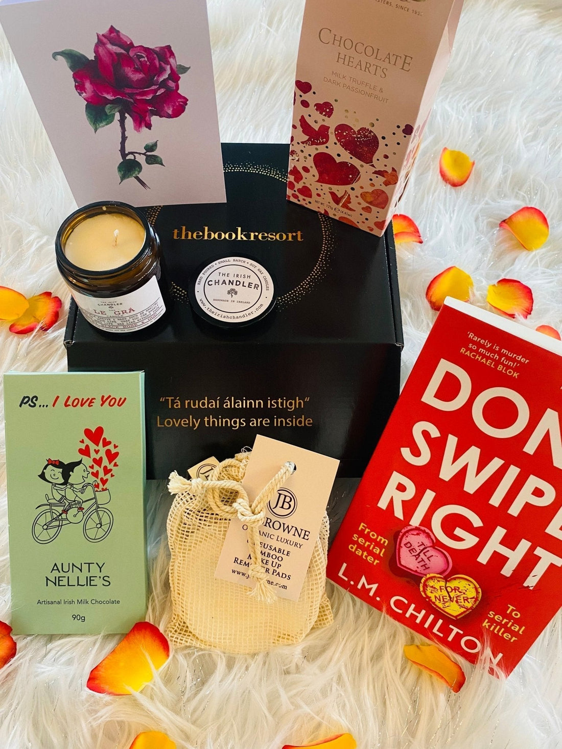 A Mother's Day gift box from The Book Resort Ireland, featuring luxury skincare pads, gourmet chocolates, and hand-selected books for 2026.