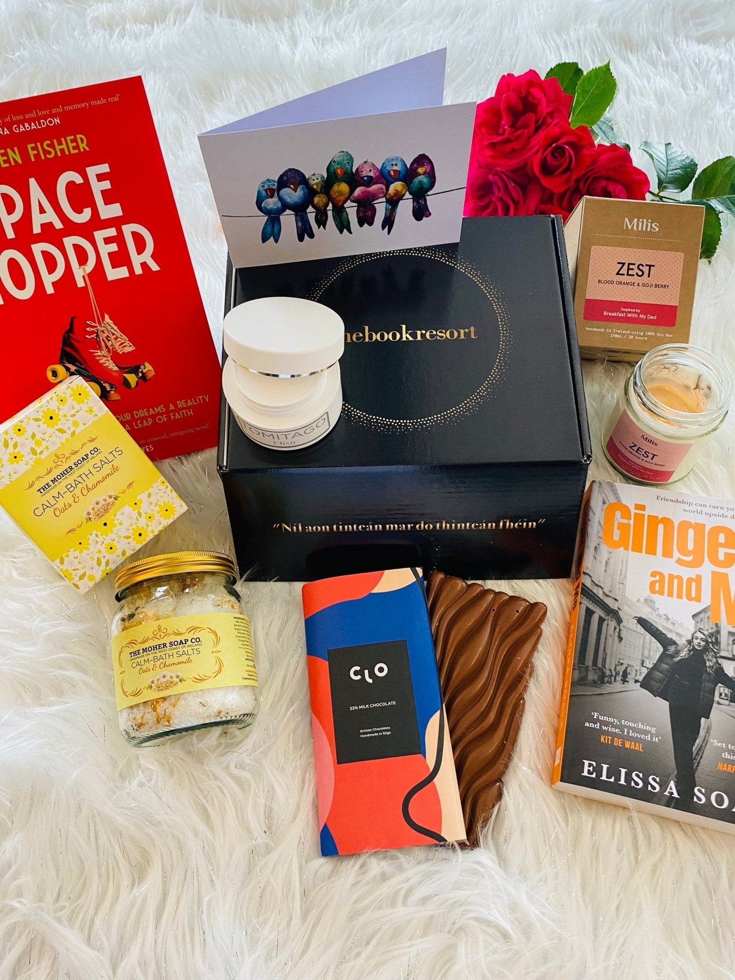 Luxury Valentine's Gift Box Ireland 2026 featuring books, artisan Irish chocolate, and a gorgeous candle, beautiful bath salts for Valentine's gift delivery.