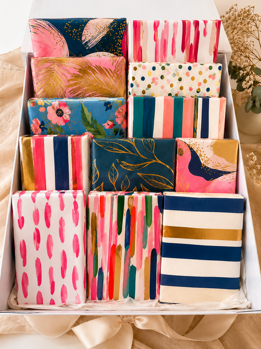 12 Months of Reading gift box with twelve individually wrapped books in a luxury white ribbon gift box