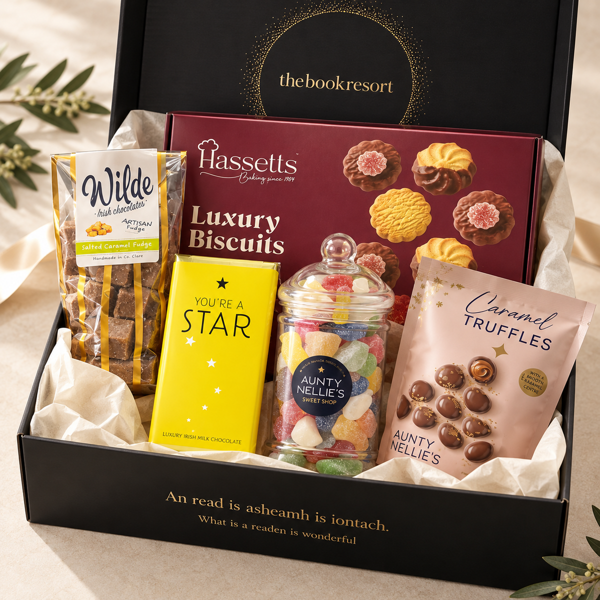 Irish Gourmet Treats Hamper with Hassetts biscuits, Wilde Irish Chocolates fudge, chocolate, jellies and truffles in The Book Resort gift box