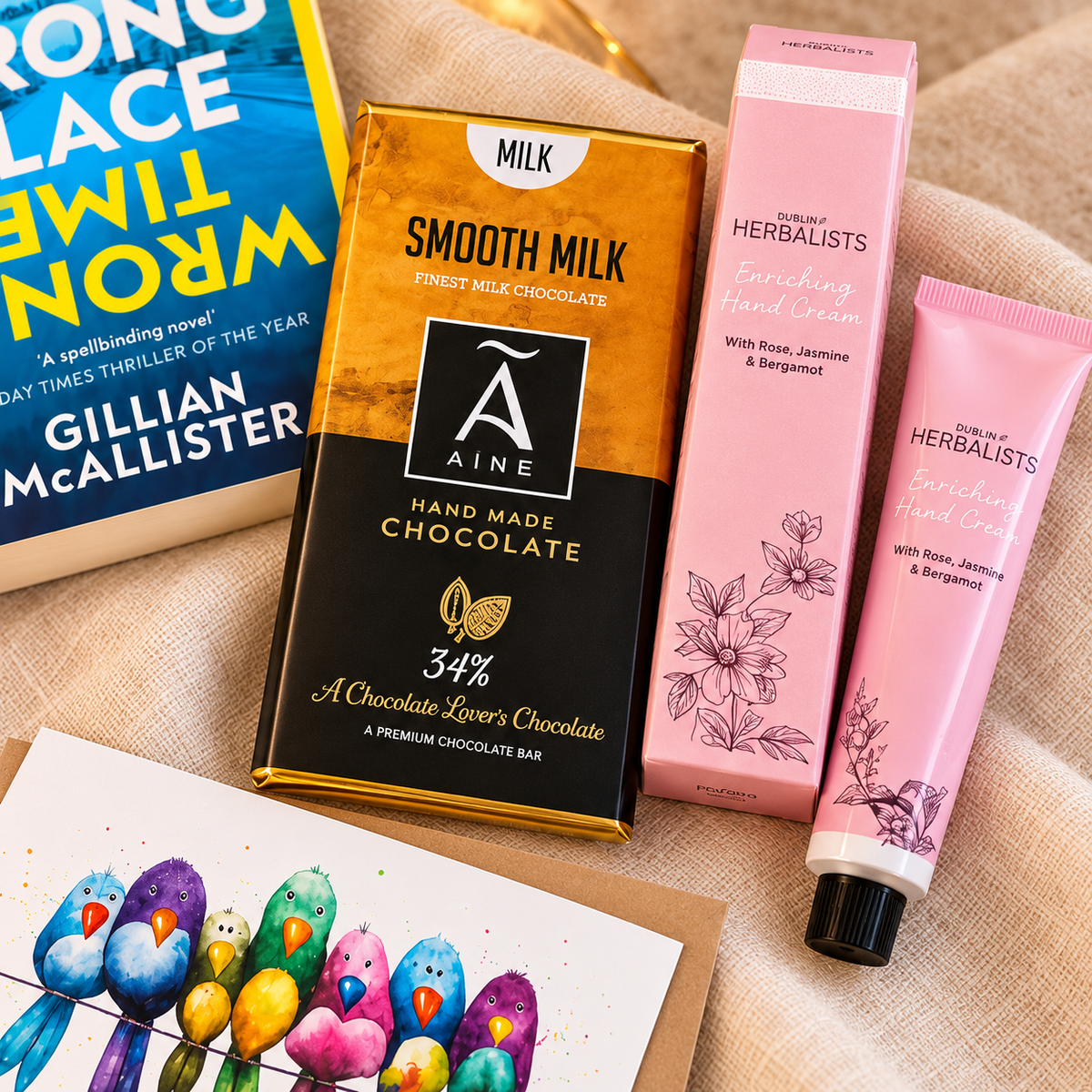 A Treat For Her gift hamper – Dublin Herbalists hand cream, Áine milk chocolate, a book and illustrated card