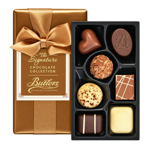 Butlers Chocolate Ballotin gift box and assorted chocolates, clean background-free product photo