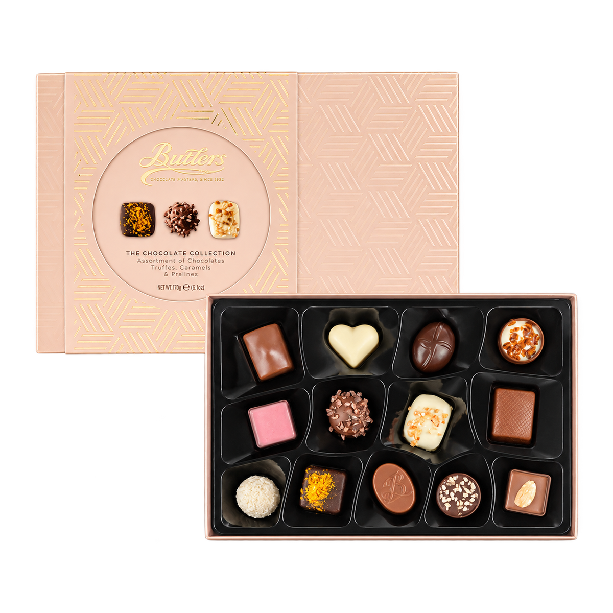 Butlers Pink Chocolate Collection with chocolates, clean background-free product photo
