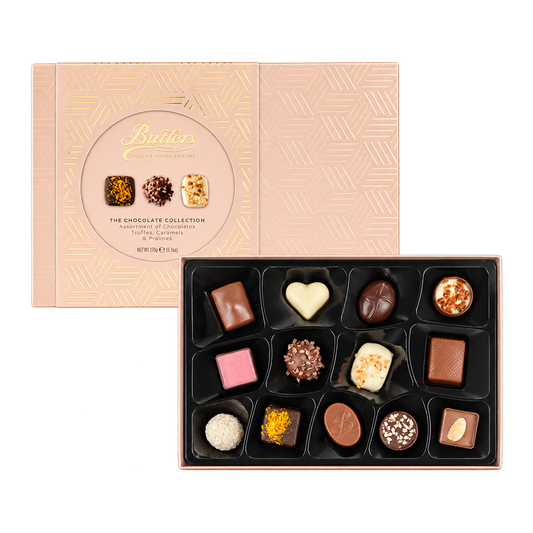 Butlers Pink Chocolate Collection with chocolates, clean background-free product photo