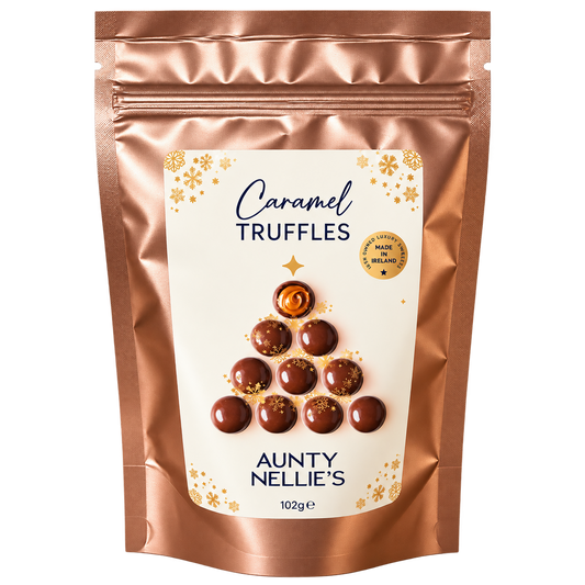Caramel Truffles Pouch – Aunty Nellie's rose gold pouch on transparent background