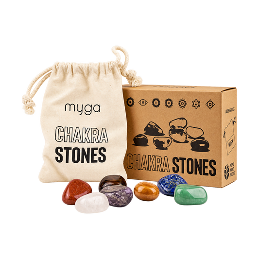 Chakra Stones – Myga pouch, box and polished stones isolated