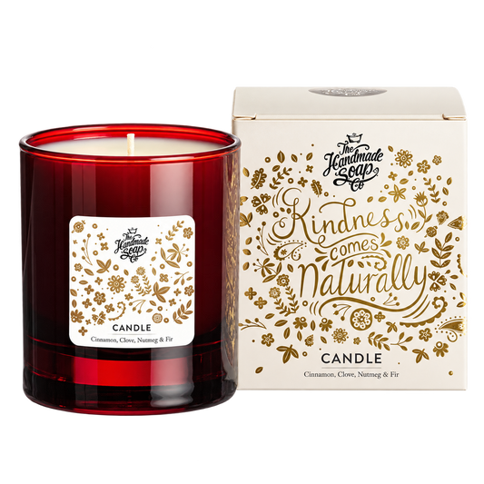 The Handmade Soap Company cinnamon clove nutmeg pine candle and gift box on transparent background