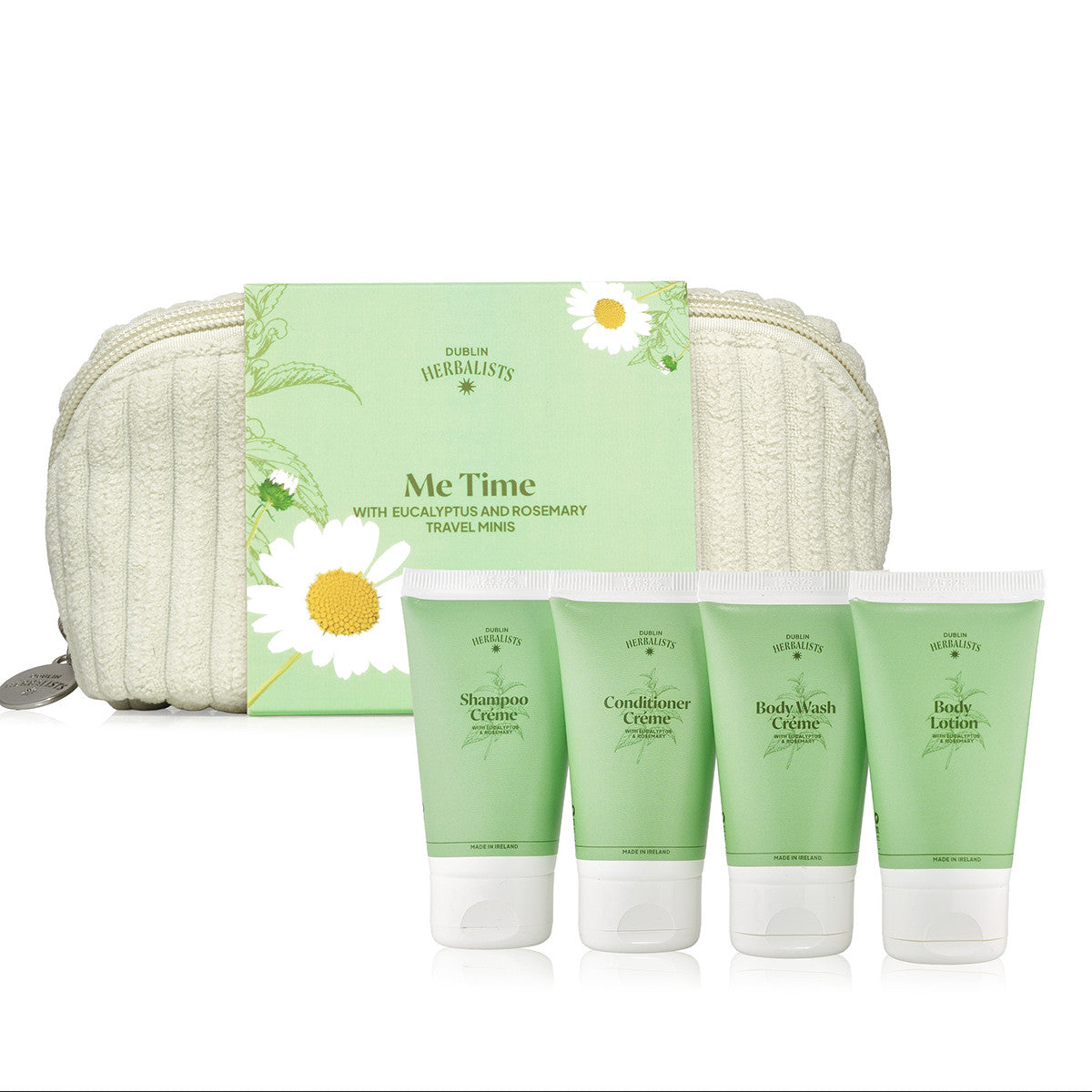 Dublin Herbalists Me Time Gift Set four mini products and reusable bag on white background