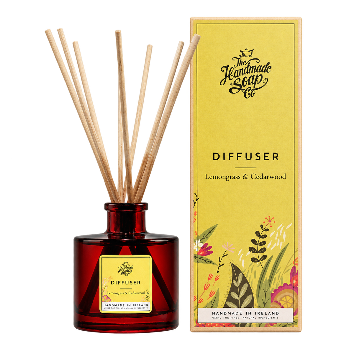 The Handmade Soap Company diffuser with reeds and packaging, background-free image