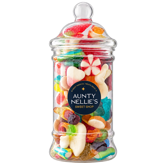 Mixed Jellies in Victorian Jar – clear glass sweets jar on transparent background