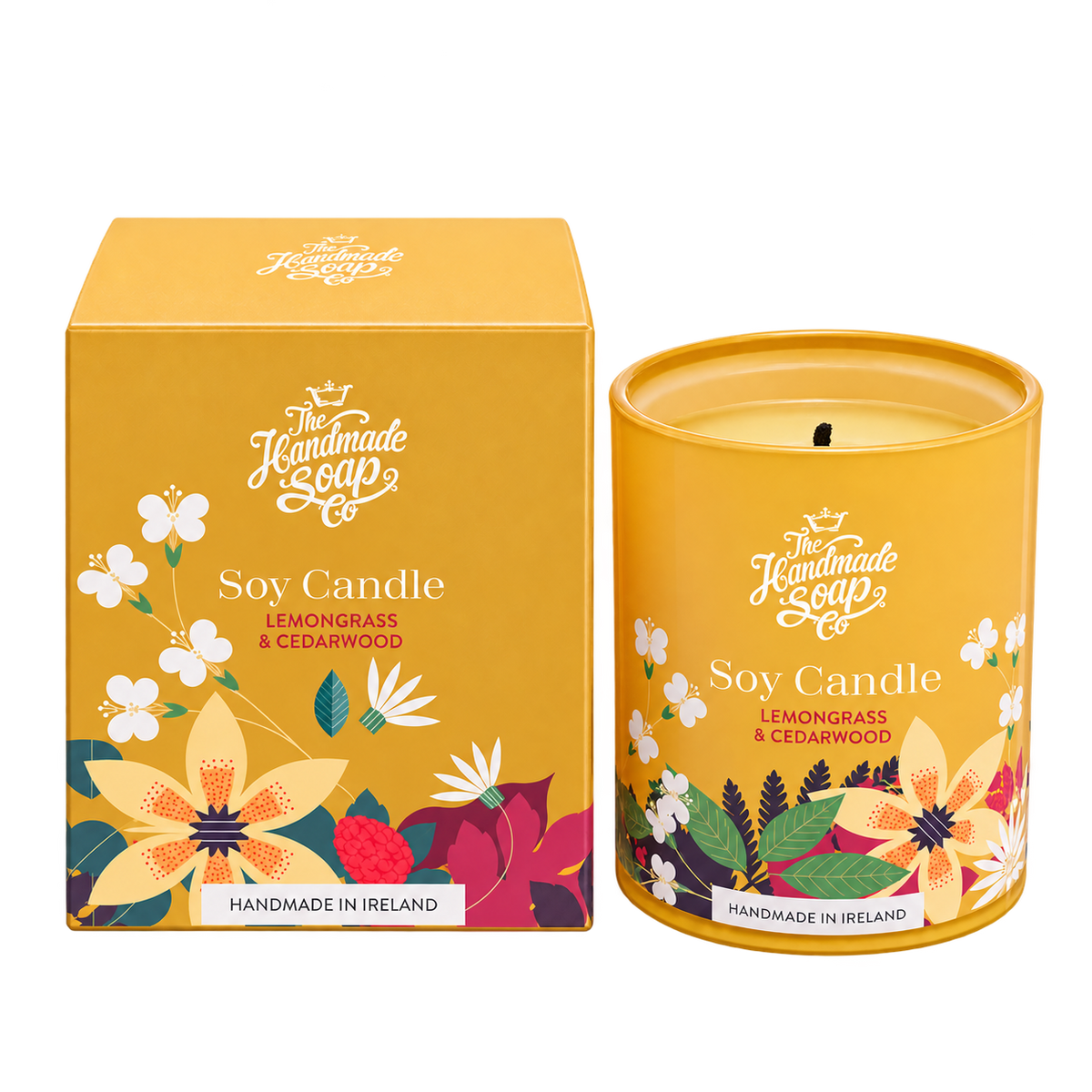 The Handmade Soap Company Lemongrass and Cedarwood Candle and box on transparent background