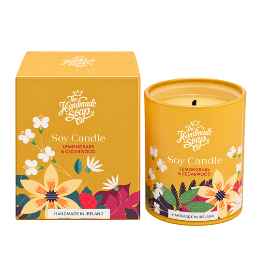 The Handmade Soap Company Lemongrass and Cedarwood Candle and box on transparent background