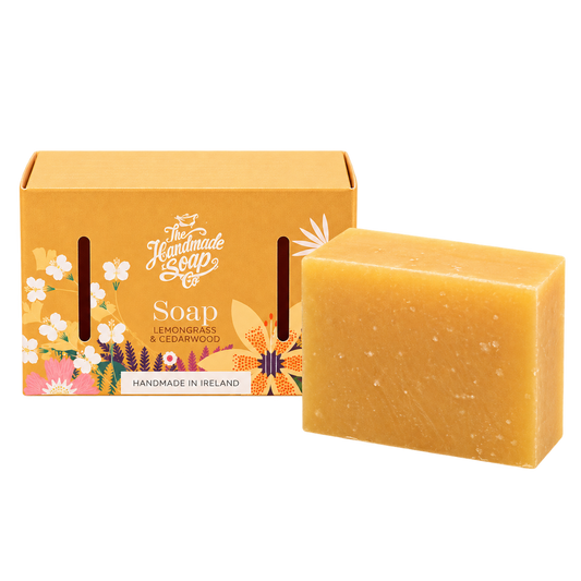 The Handmade Soap Company Lemongrass and Cedarwood Soap and packaging on transparent background