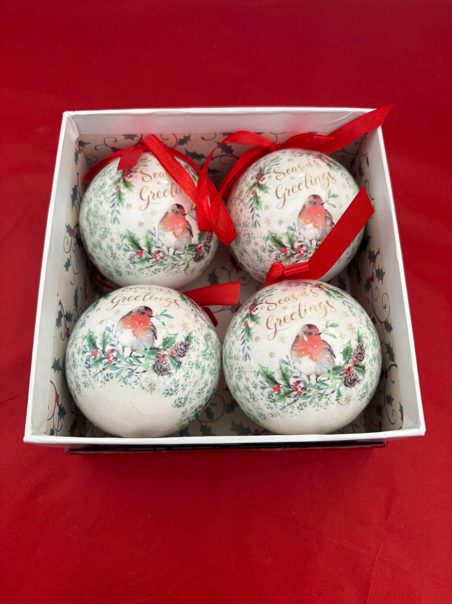 Set of 4 Season Greeting Robin Baubles