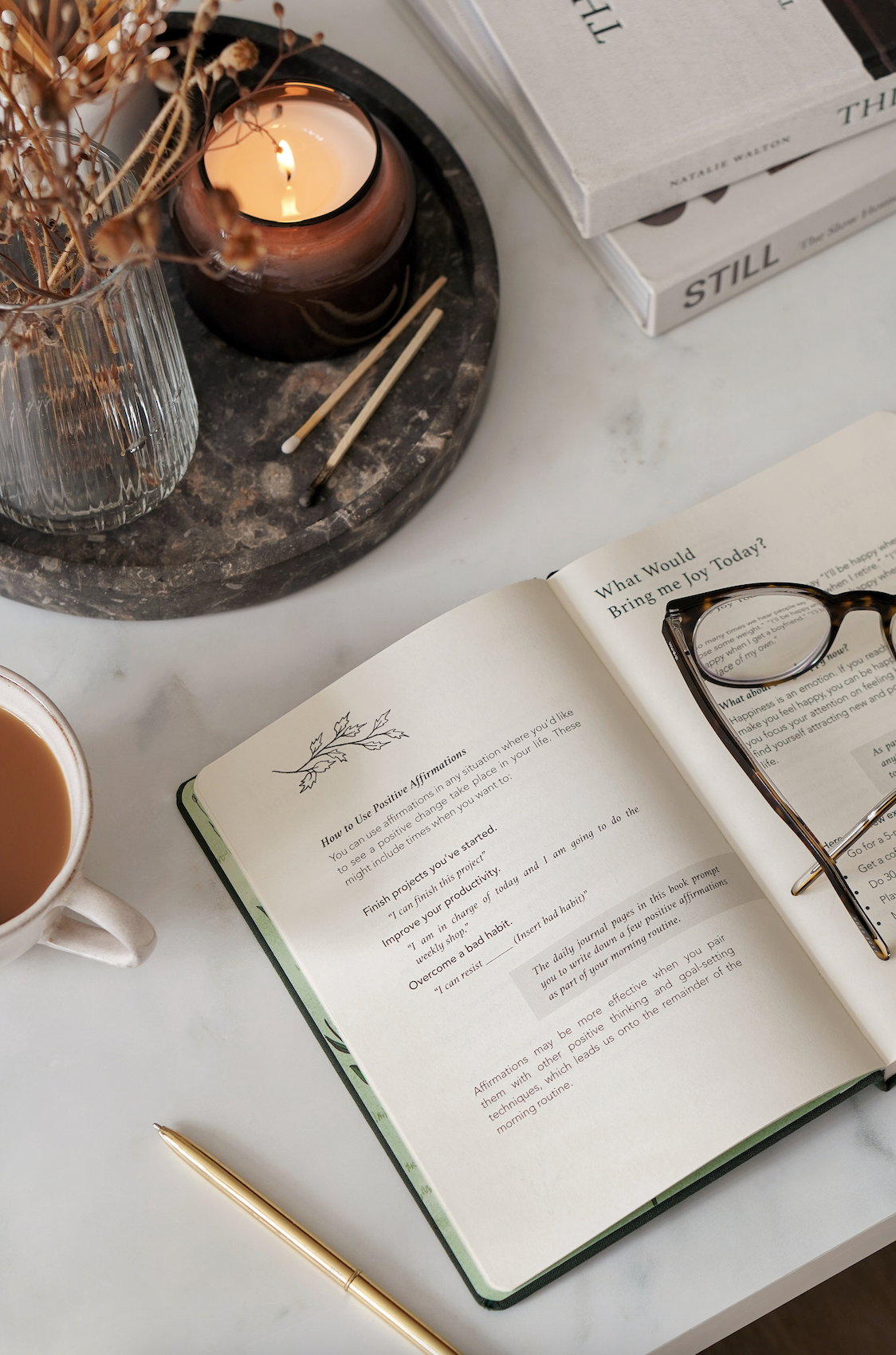 The Sixty Second Journal with tea and reading glasses.